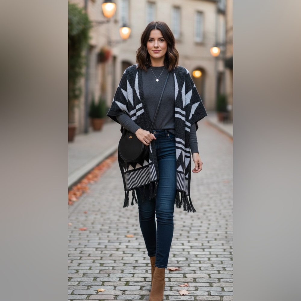 Forever 21 Patterned Fringe Poncho